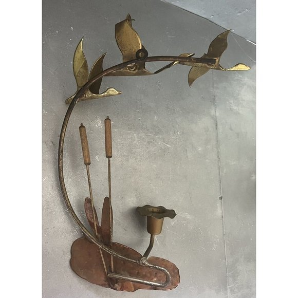 VINTAGE MCM SEAGULLS METAL WALL HANGING BIRDS CANDLE HOLDER BRASS SET OF 2 - Picture 7 of 11